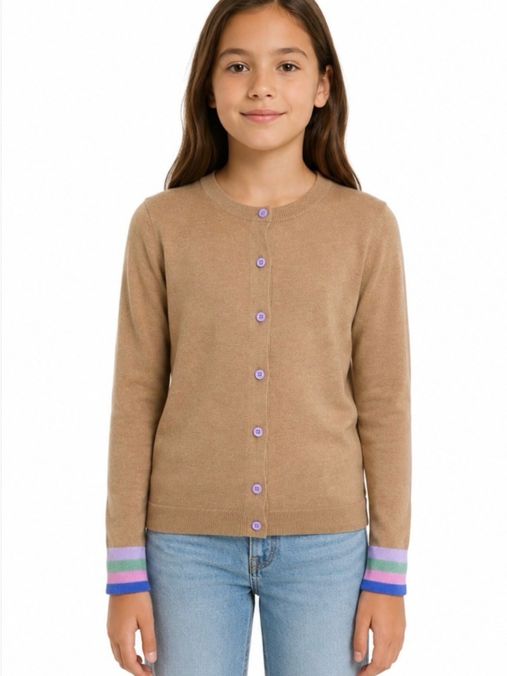 Grewcuts Girls Tan Cardigan Sweater / Purple Buttons / Size 10y.o